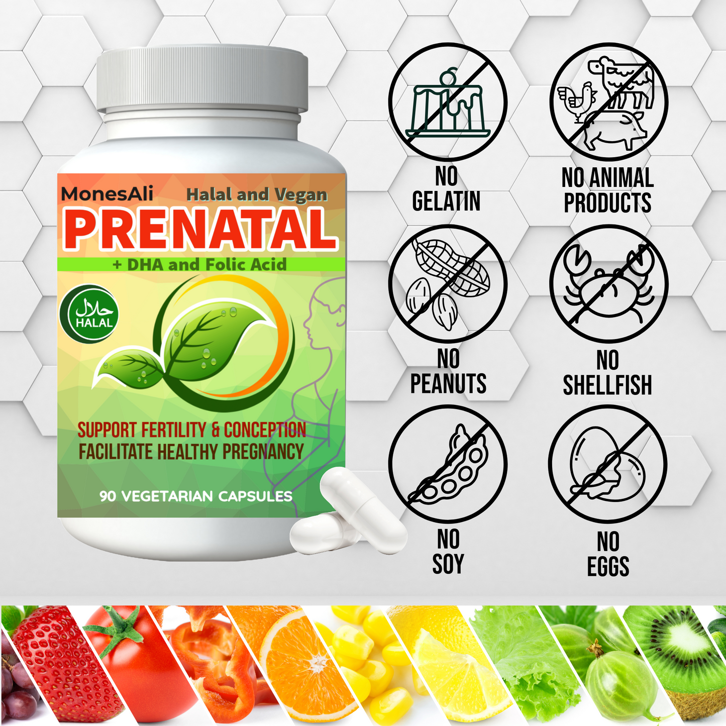 MonesAli Halal Prenatal Capsules for Women, Multivitamin Supplement, with DHA, Folic Acid and Iron. Vegan, 90 Count