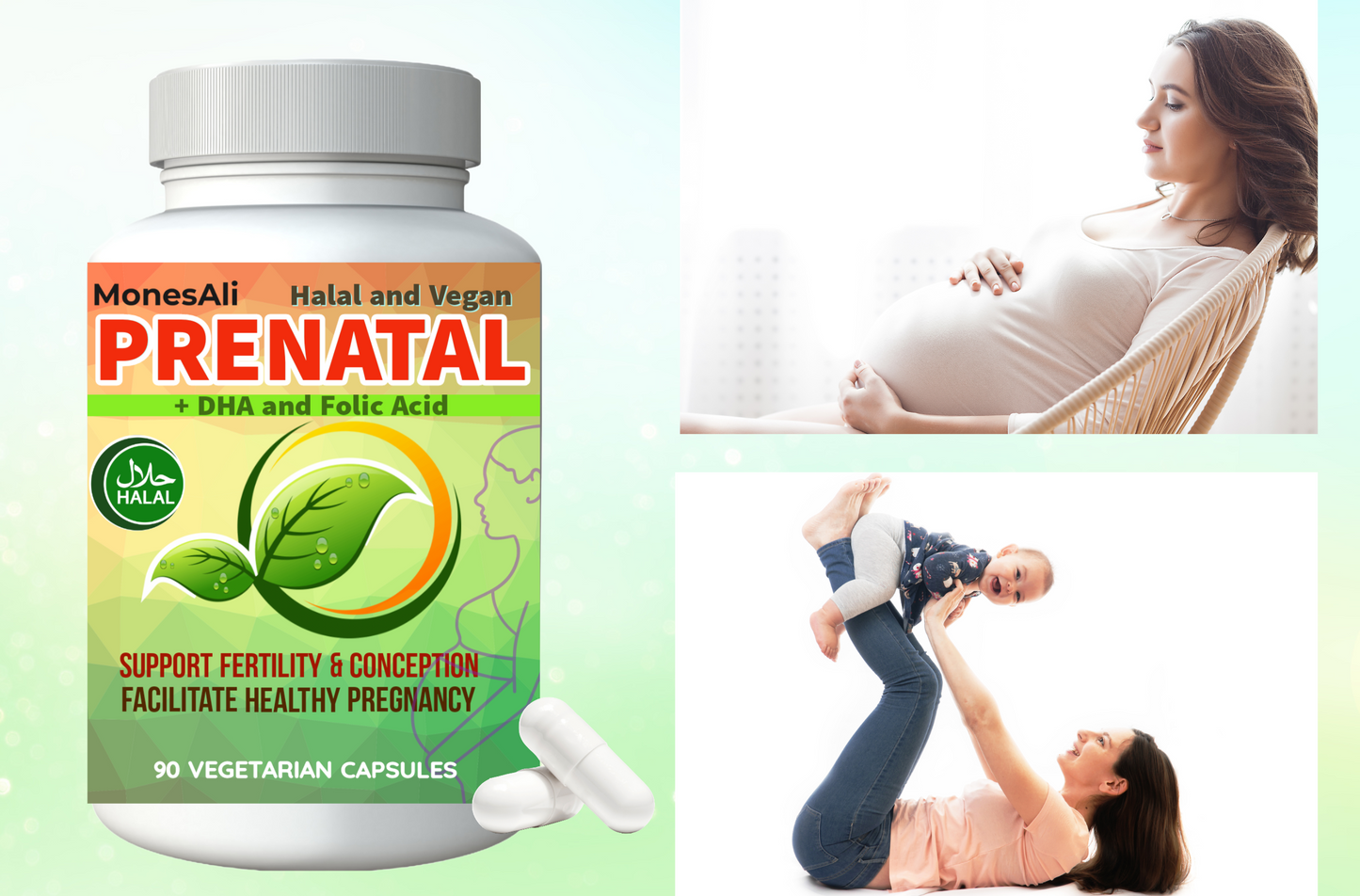 MonesAli Halal Prenatal Capsules for Women, Multivitamin Supplement, with DHA, Folic Acid and Iron. Vegan, 90 Count