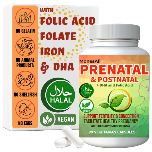 MonesAli Halal Prenatal Capsules for Women, Multivitamin Supplement, with DHA, Folic Acid and Iron. Vegan, 90 Count