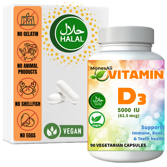 MonesAli Halal Vitamin D3 Capsules, Vegan, 90 Count