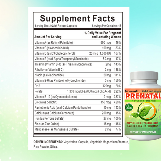 MonesAli Halal Prenatal Capsules for Women, Multivitamin Supplement, with DHA, Folic Acid and Iron. Vegan, 90 Count